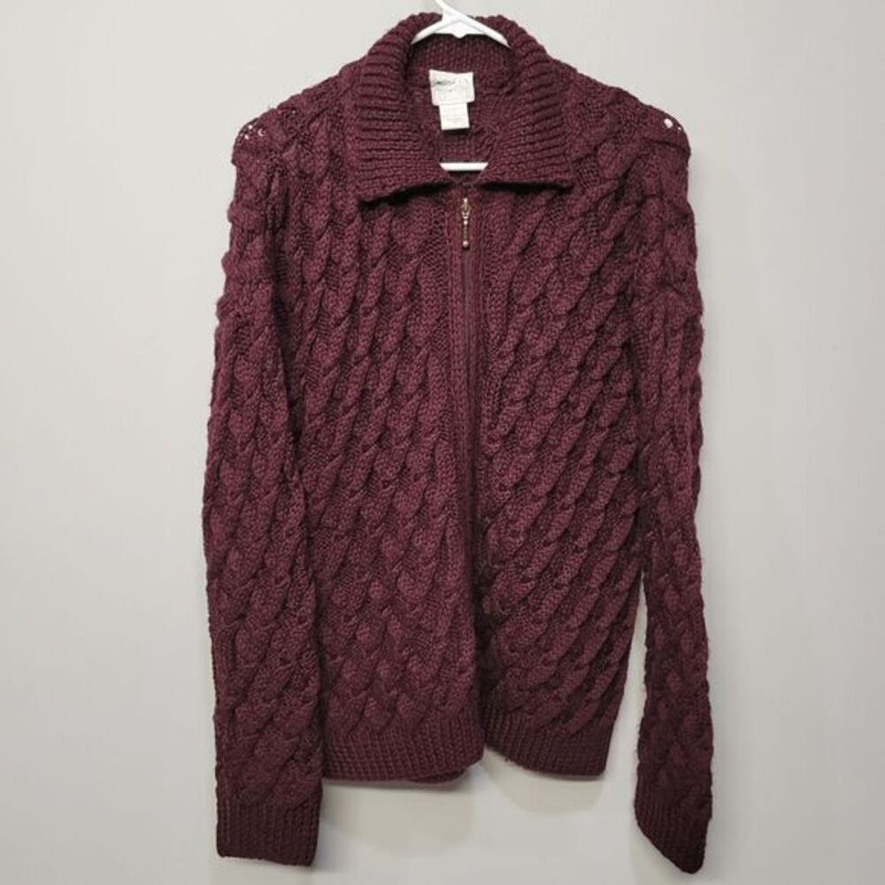VTG 90s‎ Moda Int'l Sweater Cardigan Size M Burgundy Full Zip Cable Knit Chunky